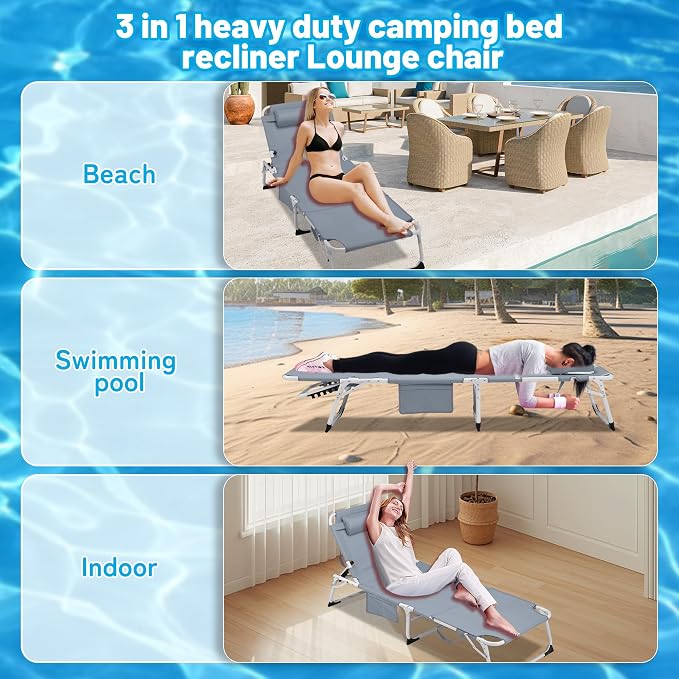 Outdoor Chaise Lounge with Detachable Pillow, Reclining Folding Chair with 5-Position Adjustable Back, Portable Tanning Chair For Beach, Pool, Lawn, Breathable Mesh Seat, No Assembly (Grey 2)