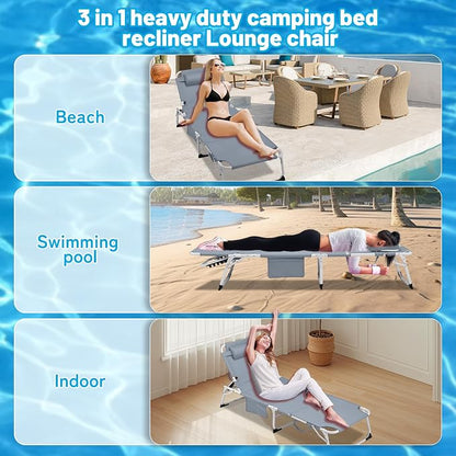 3-in-1 Oversized Sun Tanning Chair with Mat & Face Hole, Heavy Duty Folding Chaise Lounge - 5-Position Adjustable Outdoor Chair for Beach, Pool, Patio, Lawn, Yard - Includes Pillow