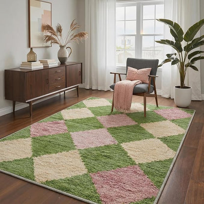 GENIMO Outdoor & Indoor Area Rug 5'x7', Waterproof, Non-Shedding, Easy Cleaning, Diamond Check Mat for Patio, Entryway, Porch, Living Room, Bedroom, Outside Carpet, Moss Green