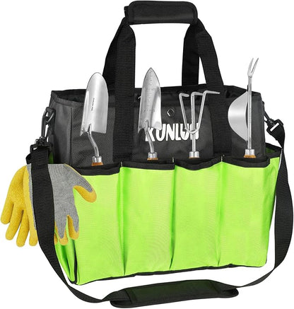 KUNLUN Gardening Tote Bag, Garden Tool Bag with 14 Pockets & Elastic Belt, Heavy Duty Standable Garden Tote Storage Bag with Long Adjustable Shoulder Strap for Indoor and Outdoor Use