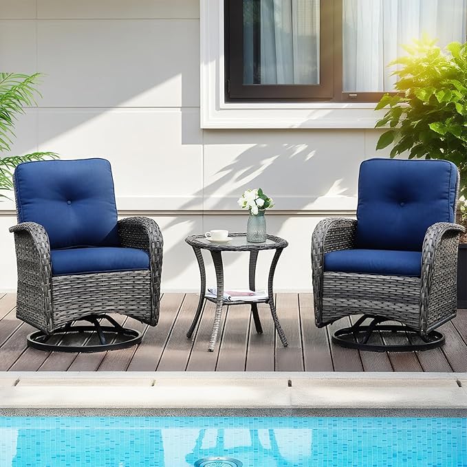 Luxury 3-Piece PE Wicker Swivel Rocking Patio Chair Set with Preminum Cushions & Ripple Glass Table, All-Weather Outdoor Bistro Set for Modern Deck or Balcony