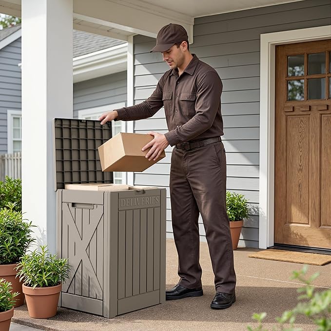 Flamaker 50 Gallon Deck Box, Package Delivery Box for Outside, Outdoor Package Drop Container for Gifts, Waterproof Plastic Storage Container with Lockable Secure for Porch (Brown)