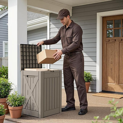 Flamaker 50 Gallon Deck Box, Package Delivery Box for Outside, Outdoor Package Drop Container for Gifts, Waterproof Plastic Storage Container with Lockable Secure for Porch (Brown)