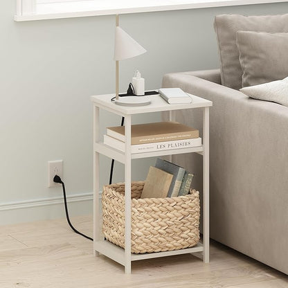 Furinno Moretti Side Table, 3-Tier Modern End Table with Charging Station, Metal Frame Night Stand, Bedside Table with USB and Type-C Port, for Living Room, Bedroom, White