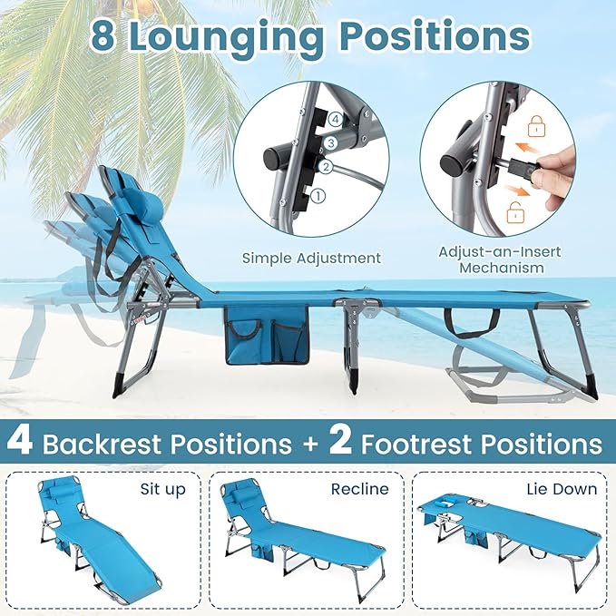 COSTWAY Tanning Chair with Face Hole, Folding Beach Lounge Chair with 4-Position Adjustable Backrest, Pillow & Side Pocket, Foldable Chaise Lounge Chair Outdoor for Sunbathing, Camping (1, Blue)