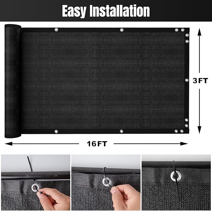 SPORTYOUTH 3ft x 16ft Balcony Fence Privacy Screen Black, Apartments Railing Windscreen Heavy Duty Fencing Mesh Cover Shade Net UV Protection for Deck Patio Outdoor Backyard Pool Porch