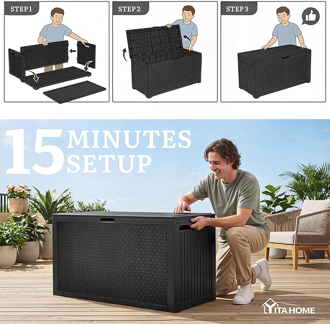 YITAHOME 95 Gallon Large Outdoor Deck Box, Lockable Waterproof Resin Storage Box with Handles, Weatherproof & UV Resistant, Patio Garden Tool Container for Outdoor Furniture, Black