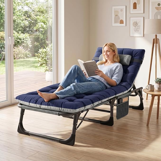 ABORON 4-in-1 Lounge Chair, Padded Cushion, Heavy-Duty 440LB 3-Fold Adjustable Recliner Chaise Chair, No Assembly for Patio, Poolside, Camping, Tanning (1, Quartz Adriatic)