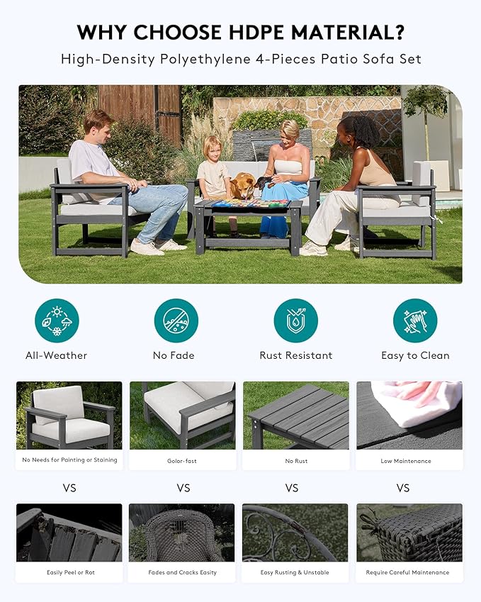 SERWALL 5 Pieces HDPE Outdoor Sofa Set with Cushions, All Weather Use Patio Conversation Couch Loveseat Furniture with Coffee Table for Balcony, Deck, Poolside, Grey Frame with Khaki Cushions