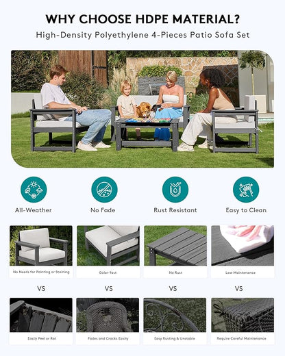 SERWALL 2 Pieces Single Cushioned Sofa Chair, Grey HDPE Outdoor Adirondack Lounge Armchair with Khaki Cushion