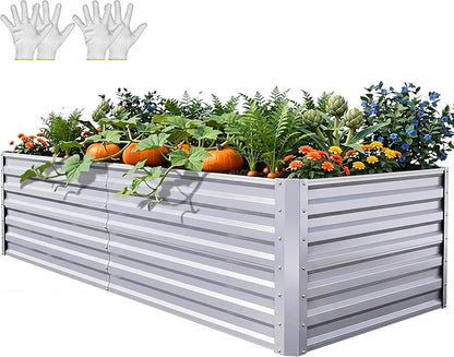 YITAHOME 6x3x2ft Large Raised Garden Bed Kit, Galvanized Metal Planter Box with Gloves, Support Rod, Outdoor Above Ground Planters for Plants, Vegetables, Flowers, Silver