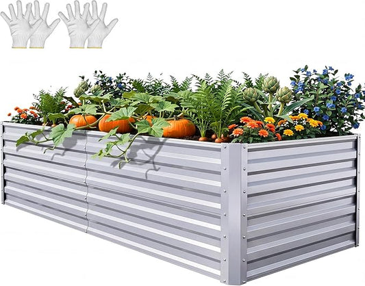 YITAHOME 6x3x2ft Large Raised Garden Bed Kit, Galvanized Metal Planter Box with Gloves, Support Rod, Outdoor Above Ground Planters for Plants, Vegetables, Flowers, Silver