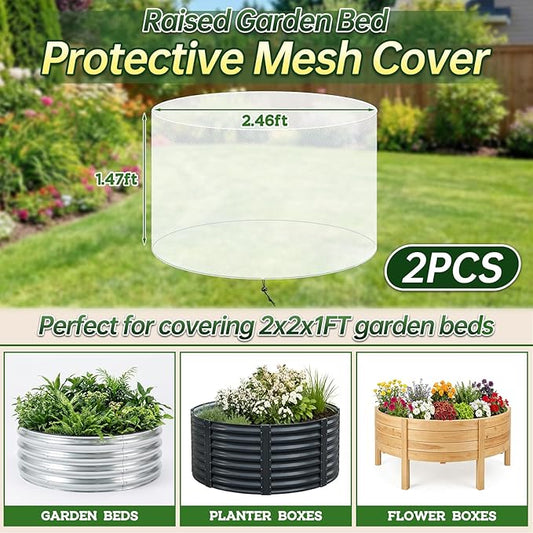 2 Pack Garden Netting Cover for 2 FT Dia x 1 FT H Round Raised Beds, Fine Mesh Plant Cover with Drawstring, Raised Bed Bug & Bird Barrier Screen for Vegetables, Herbs and Flowers