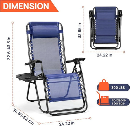 Alpen Folding Lounge Chair Outdoor Set of 2, Lawn Chairs Adjustable & Foldable with Side Table Headrest, Portable Blue Reclining Camping Chair for Outdoor Camping, Blue