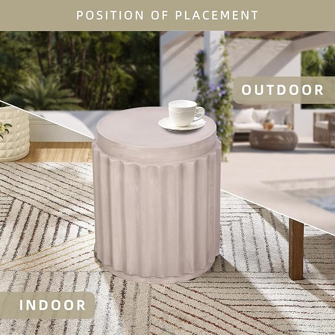 Afterglow Terrafab Material Outdoor Round Side Table, Natural Decorative Garden Stools, Unique End Table for Living Room Bedroom Patio Home Decor,Off-White