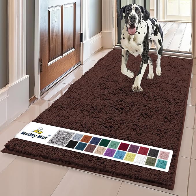 Muddy Mat® | Super Water Absorbent Door Mat Indoor, Microfiber Quick Dry Chenille Entryway Rug, Slip Resistant Front Door Mat, Indoor Mats for Entryway, Machine Washable Pet Rug, Brown 24"x96"