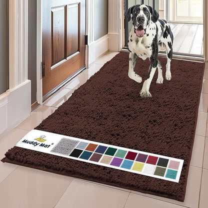 Muddy Mat® | Super Water Absorbent Door Mat Indoor, Microfiber Quick Dry Chenille Entryway Rug, Slip Resistant Front Door Mat, Indoor Mats for Entryway, Machine Washable Pet Rug, Brown 24"x96"