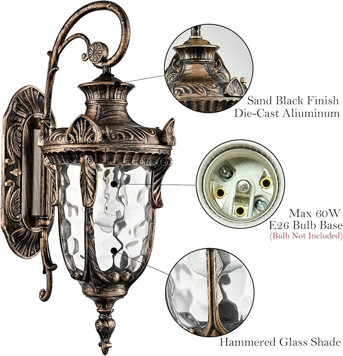SAMTEEN Outdoor Wall Light Fixtures Bronze 20.1" Exterior Wall Lantern Sconce with Hammered Glass Shade Waterproof Porch Lights Wall Mount Outside Lights for Patio Front Door Garage House