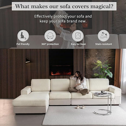 OHSIO Sectional Couch Covers, Wear Resistant Stretch Sofa Covers Washable Soft Couch Cushion Covers Anti Slip Furniture Protector Sofa Slipcovers for Pets (1 Piece Chair Cover, Ivory)