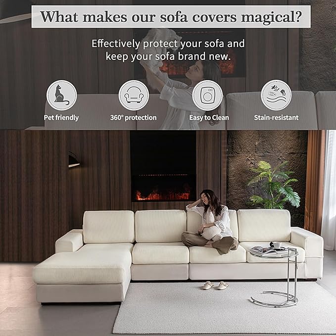 OHSIO Sectional Couch Covers, Wear Resistant Stretch Sofa Covers Washable Soft Couch Cushion Covers Anti Slip Furniture Protector Sofa Slipcovers for Pets (2 Pieces 2 Seaters Cover, Ivory)
