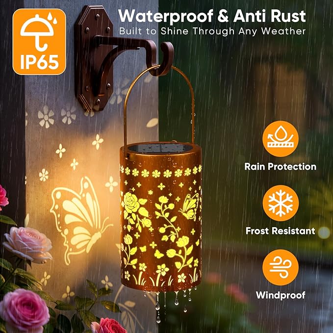 Butterfly Rose Solar Lanterns Outdoor: 2 Pack Hanging Metal LED Garden Lights Waterproof for Yard Patio Backyard - Birthday Christmas Gifts for Women Mom Grandma
