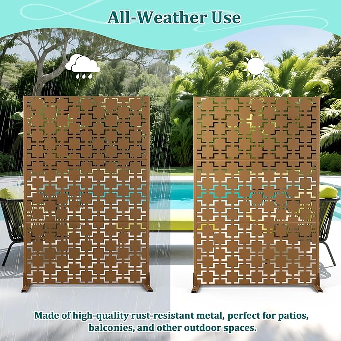 Metal Privacy Screen Outdoor Privacy Screen, Freestanding Fence Panel for Outside, 72''H×47''W, Decorative Screen Panel for Backyard/Patio/Deck