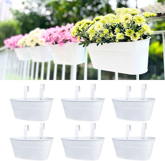 LaLaGreen Outdoor Rail Planter (6 Pack, 9.8 Inch) Small and Cute White Metal Iron Hanging Flower Pots Deck Railings Fence Buckets Countryside Style Wall Mount Window Box Plant Holder Hooks Porch Decor