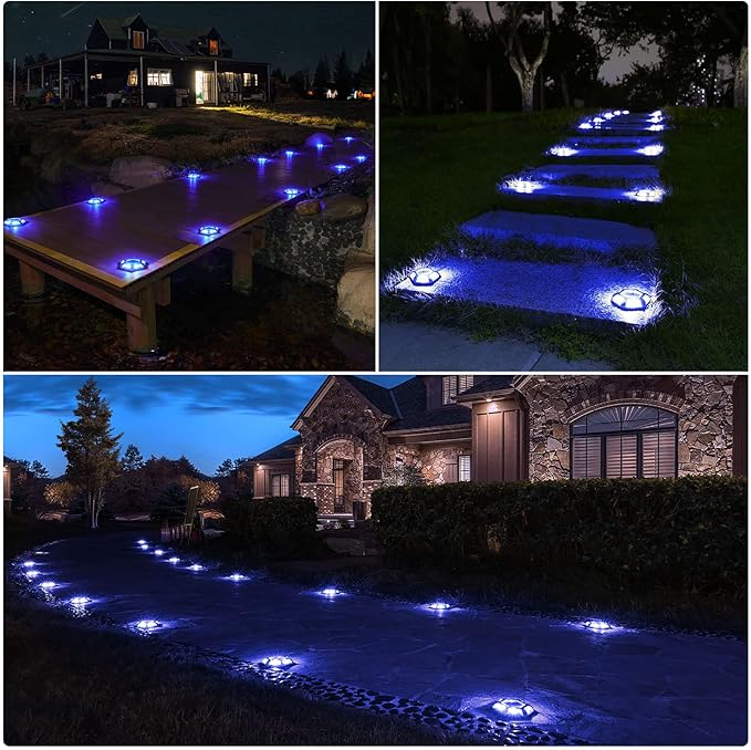 VOLISUN Solar Dock Lights Driveway Deck Lights, 12-Pack Waterproof Outdoor LED Aluminum Dock Lighting Warning Step for Driveway Sidewalk Garden Pathway Yard(Blue+White,2 Colors in 1)