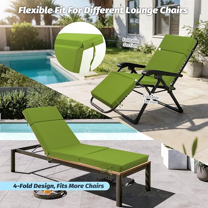 Outdoor Chaise Lounge Cushion 72" x 21" x 3", 4-Section Folding Patio Lounge Chair Cushion with Ties, Waterproof & Fade Resistant Replacement Cushion for Pool, Patio, Deck (Teal, 1 Pcs)