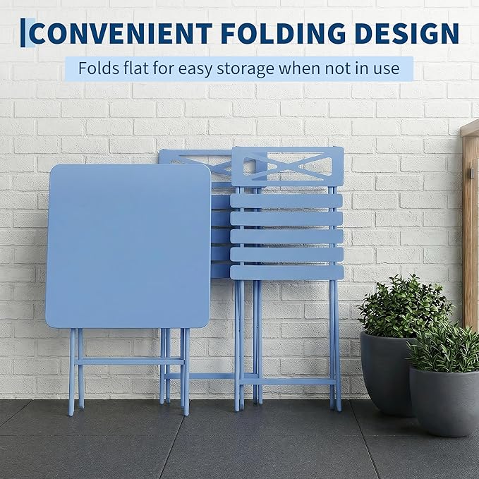 Outdoor Square Bistro Set 3 Piece, Blue Iron Tube Patio Furniture Set with Square Table & 2 Chairs, Foldable Steel Backyard Deck Porch Garden , Space Saving Outdoor Dining Set for Small Spaces