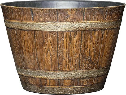 Classic Home & Garden Whiskey Barrel Planters - Wooden Finish Flower Planter Pot - Stylish Garden Pots - Indoor & Outdoor Resin Planters - Weather-Resistant Planting Pots (9" Oak Brown, Pack of 1)