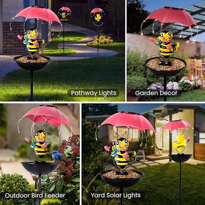 Solar Bird Feeder Garden Decor, Outdoor Bee Solar Lights with Umbrella, Hummingbird Feeder Decorative Path Lights Yard Art Ornament Bird Feeder (bee)