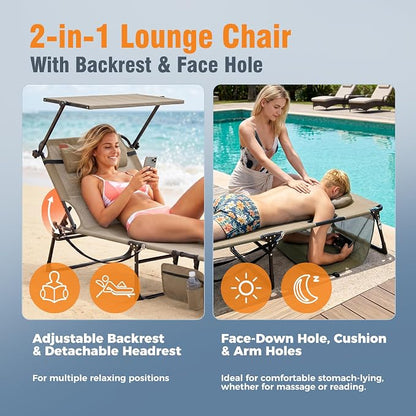 Tanning Chair with Face Hole & Canopy, 28'' Extra Wide, Beige | Folding Chaise Lounge Chair with 4-Position Adjustable Backrest for Beach, Pool, Patio & Camping