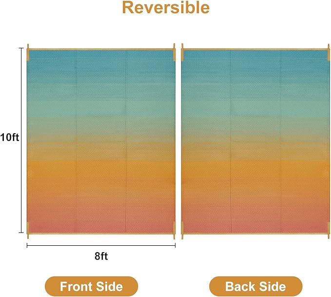 Anidaroel Ombre Camping Rug for Outside RV, 8x10ft Waterproof Outdoor Rug for Patio Clearance, Reversible Plastic Straw Outside Area Rug for Deck, Camper, Picnic, Beach(Orange&Blue, 8'x10')
