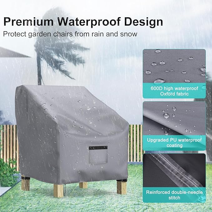 Patio Chair Covers for Outdoor Furniture Waterproof 2 Pack, Lawn Chair Covers 600D Heavy Duty Oxford Cloth, Large Covers for Lounge Lawn Deep Seat 32" W x 37" D x 36" H-Gray