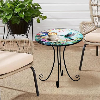 Outdoor Side Table, Hummingbird & Flower Round Accent Table, 18" Metal Indoor Small End Tables, Plant Stand Tables for Patio Yard Balcony Garden Bedside