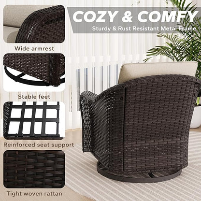 Outdoor Wicker 360 Degree Swivel Glider Rocker Chairs Set, Patio Conversation Furniture Set with Washable Cushions for Garden, Poolside (Beige)