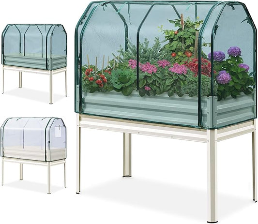 KING BIRD Raised Garden Bed with Cover & Netting Galvanized Elevated Large Planter Box with Legs for Backyard, Patio, Balcony, 400lb Capacity, Beige, 48×24×56 in