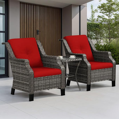 Patio Furniture Set 3 Pieces-Patio Chairs Set of 2 and A Side Table with Thick Cushions and All-Weather PE Wicker for Garden, Patio and Porch, Red