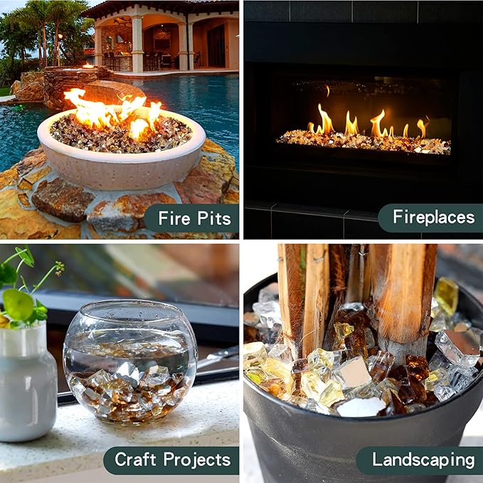 Mr. Fireglass Blended Reflective Fire Glass for Fire Pit Fireplace and Landscaping, 10 Pounds 1/4 Inch Mixed Colored High Luster Fire Rocks for Outdoor and Indoor Use Copper+Gold+Platinum