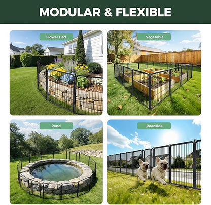 FXW Garden Fence Outdoor for the Yard – 24in(H) x 15.2ft(L) Heavy Duty Metal Animal Barrier for Dog, No Dig Decorative Dog Fence, 8 Panels, Black