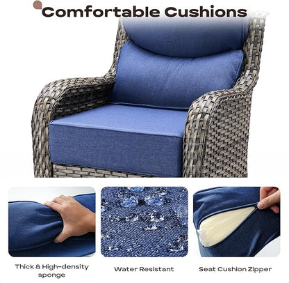 Wicker Outdoor Patio Furniture Sets - 6 Piece Patio Conversation Set with Swivel Rocker Chairs, Ottomans, Sofa and Side Table, 6 inch Cushions, Waterproof Wicker, for Porch Deck Mixed Grey/Blue