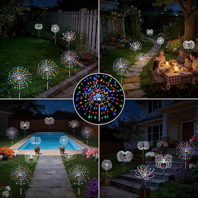 2 Pack 300 LED Solar Garden Lights Outdoor Waterproof Decorative, 8 Modes Firework Lights Solar Powered, Multicolor Sparkler Fairy Light for Yard Patio Pathway Lawn Landscape Flowerbed Party Decor