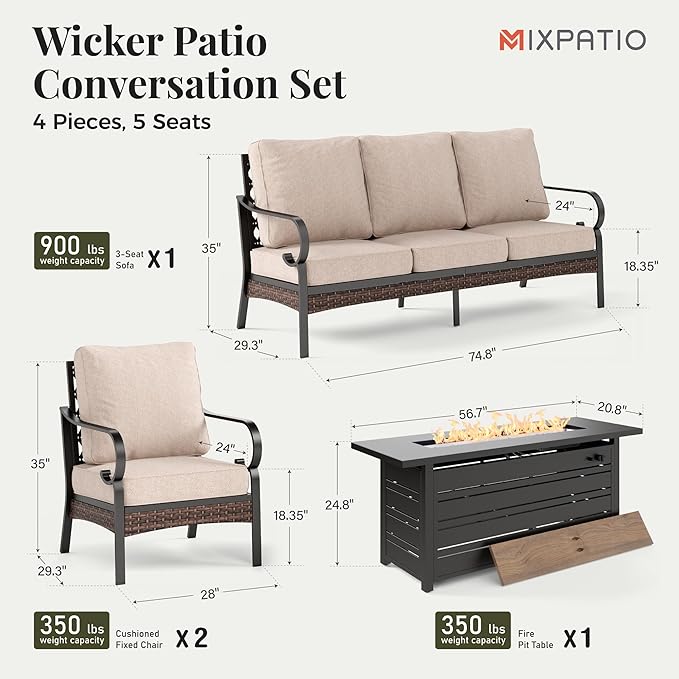 Patio Furniture Set with Firepit Table, Black Frame Outdoor Conversation Set with 2 x Fixed Chairs, 1 x 3-Seat Sofa for Lawn Garden Backyard, Beige