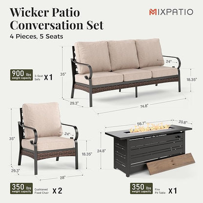 Patio Furniture Set with Firepit Table, Black Frame Outdoor Conversation Set with 2 x Fixed Chairs, 1 x 3-Seat Sofa for Lawn Garden Backyard, Beige