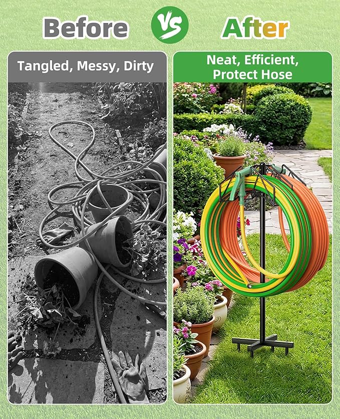 Garden Hose Holder, Double-Sided Water Hose Holder Stand Holds 2×160ft, Heavy Duty Freestanding Hose Storage Rack Hanging with Spikes, Metal Hanger for Outside Garden Yard Lawn Farm Gardening Tools