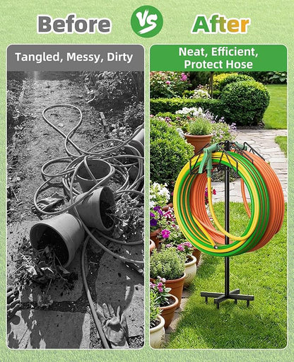 Garden Hose Holder, Double-Sided Water Hose Holder Stand Holds 2×160ft, Heavy Duty Freestanding Hose Storage Rack Hanging with Spikes, Metal Hanger for Outside Garden Yard Lawn Farm Gardening Tools