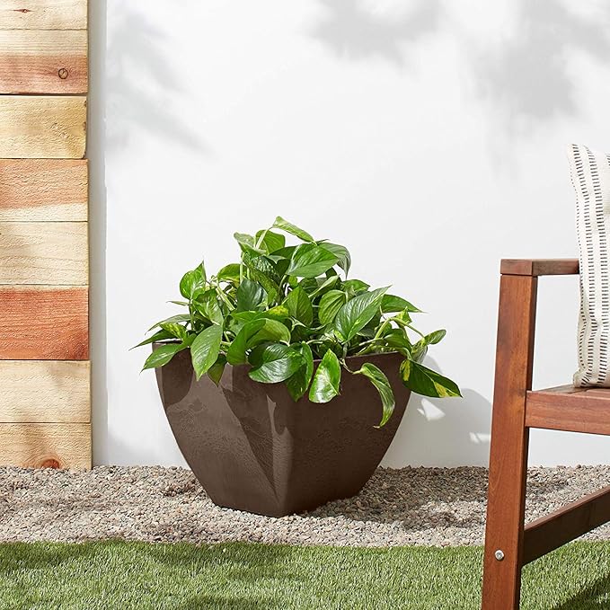 PSW Pot Collection 16x13 inch Plastic/Stone/Wood Composite Square Planter – No Drainage Hole (Drillable), Modern Indoor/Outer Pot for Flowers, Foliage, Succulents, Fairy Gardens, Chocolate