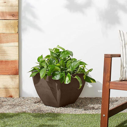 PSW Pot Collection 16x13 inch Plastic/Stone/Wood Composite Square Planter – No Drainage Hole (Drillable), Modern Indoor/Outer Pot for Flowers, Foliage, Succulents, Fairy Gardens, Chocolate