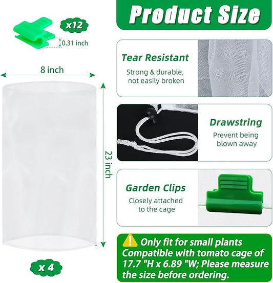 4 Pcs Garden Bird Netting for Small Round Plant Cage, 23" H x 8" W Tomato Cage Mesh Plant Cover with Drawstring, Small Plants Trelli Pest Barrier Garden Protection Net for Pots Plants Vegetables
